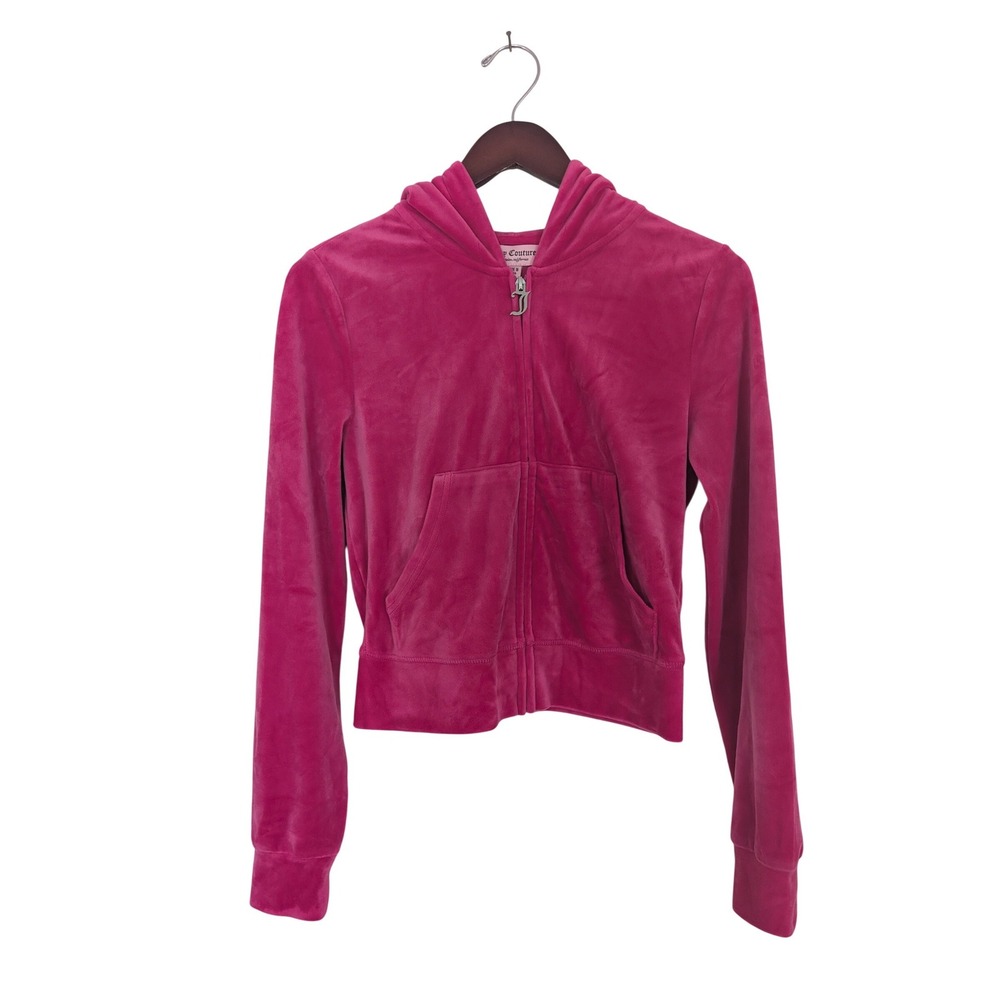 Juicy Couture Pink Velour Rhinestone Logo Zip Up Hoodie Y2K Style Size S/M